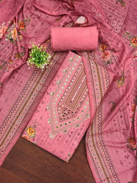 KALINI Floral Printed Mirror Work Unstitched Dress Material