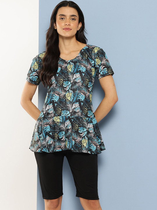 Aarika Leaf Printed Swim Suit With Swim Cap