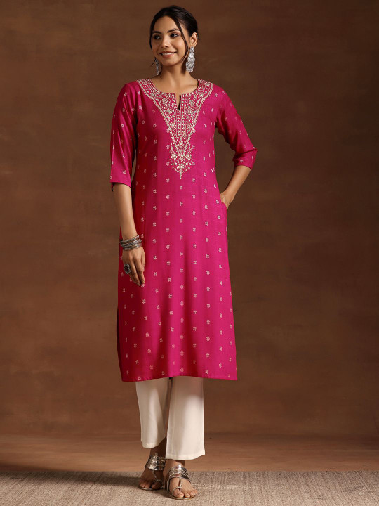 Libas Women Floral Embroidered V Neck Straight Kurta