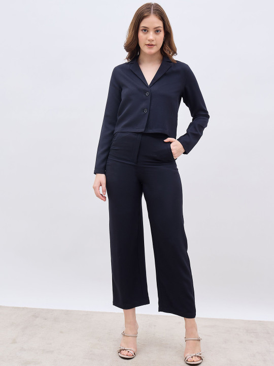 Styli Women Lapel Collar Cropped Blazer With Straight Tailored Trouser Co-ords