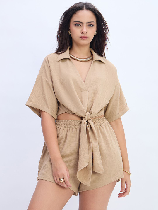 Nun Shirt Collar Top With Shorts Co-Ords Set