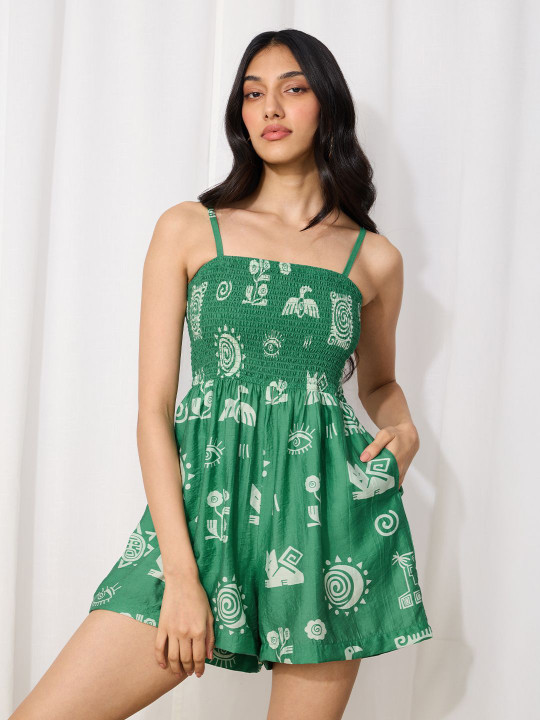 The Souled Store Women Regular Fit Printed Green Playsuits