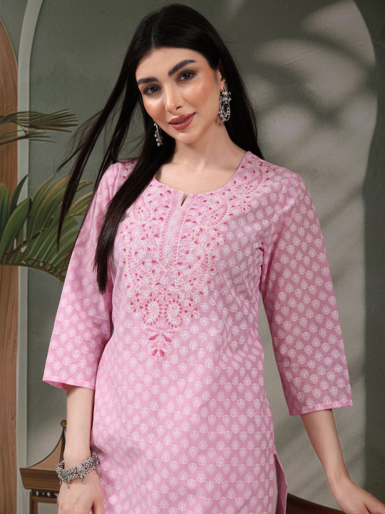Sangria Floral Printed Thread Work Notch Neck Pure Cotton Straight Kurta