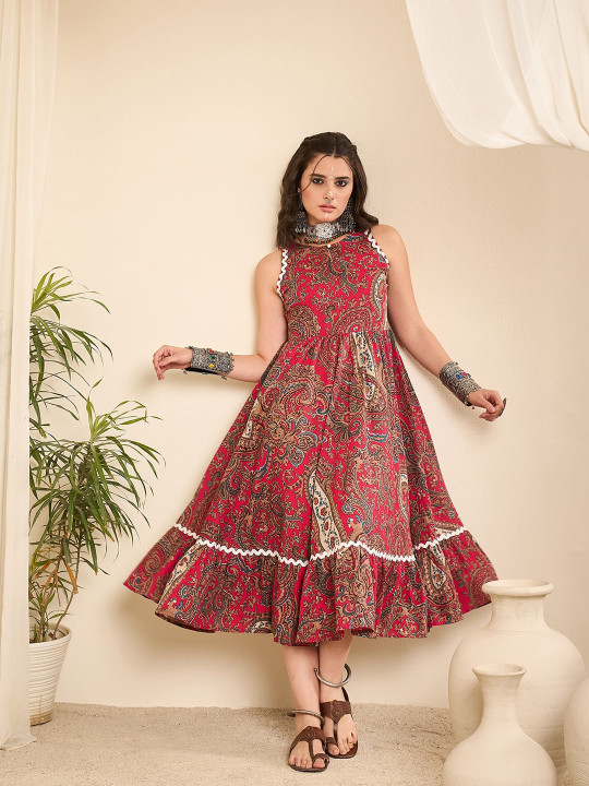 WineRed Women Paisley Printed Sleeveless Fit & Flare Midi Dress