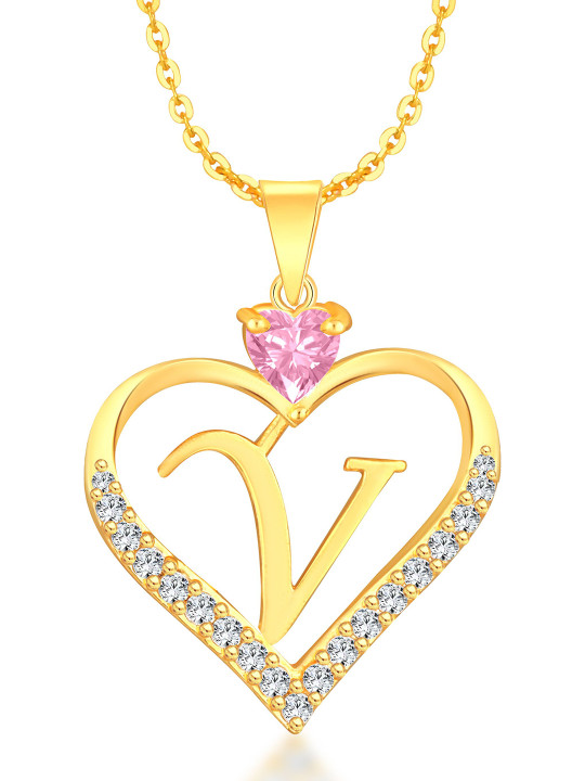 Heer Collection Cubic Zircon Studded Heart Shape Alphabet 'V' Pendant With Chain