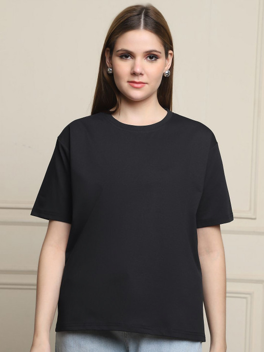 GRACIT Women Black Solid Cotton Round Neck T-shirt