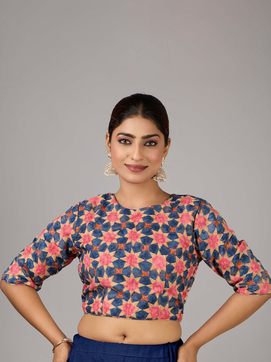 Ethnovog Cotton Printed Round-Neck Saree Blouse
