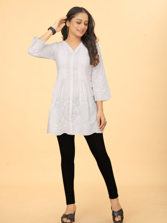 CORSICA Women Self Design Embroidered V-Neck Tunics