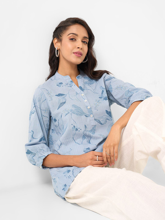 AKKRITI BY PANTALOONS Women Mandarin Collar Printed Ethnic Tunic