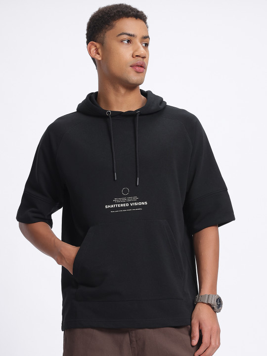 Glitchez Print Drop-Shoulder Sleeves Oversized Fleece Hooded Sweatshirt