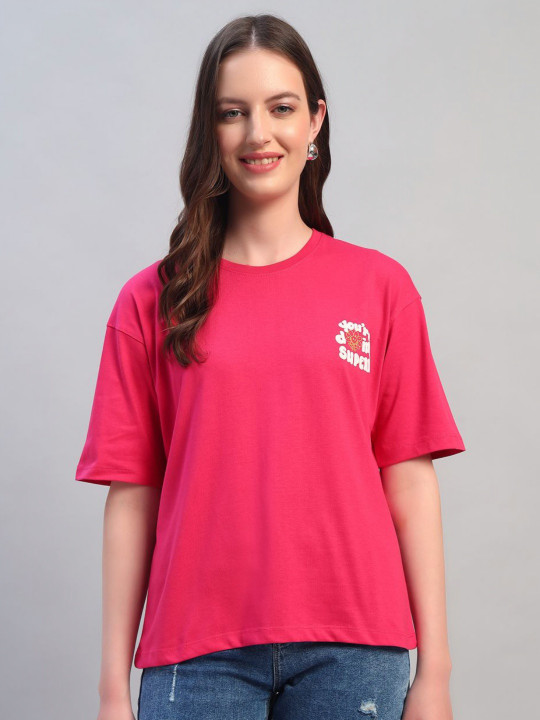 Cantabil Women Typography Printed Drop-Shoulder Sleeves Applique T-shirt