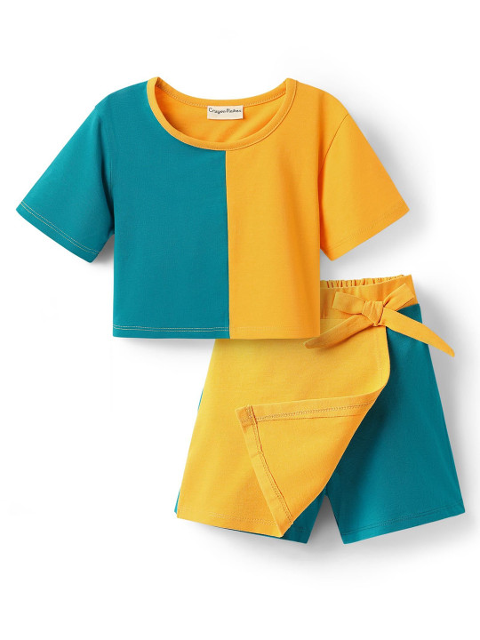 CrayonFlakes Girls Colourblocked Round Neck Pure Cotton T-shirt With Skorts