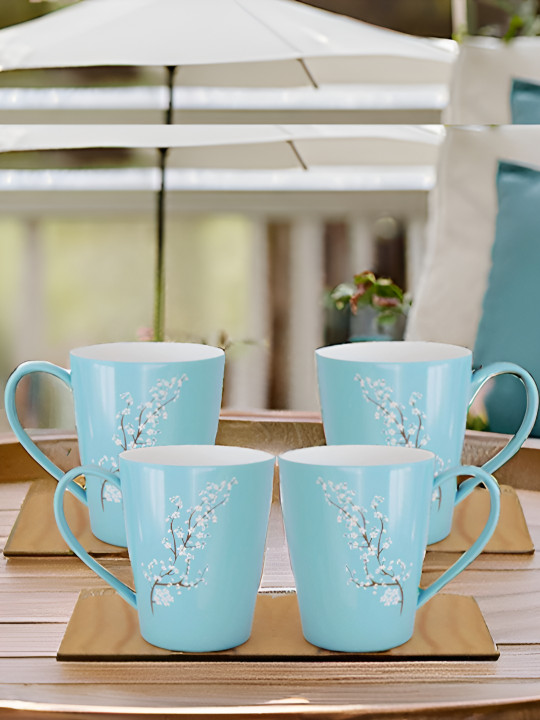 Kraftlik Handicraft Blue Floral Ceramic Microwave Safe 4 Piece Mug-200ml