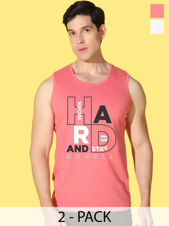 WOOSTRO Pack Of 2 Printed Combed Cotton Gym Vests VWS26(ENJOY WHITE)(HARD PEACH)
