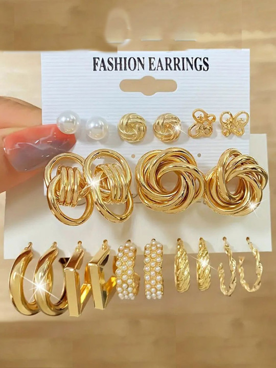 GOLDIWALA Set of 10 Gold-Plated Contemporary Studs