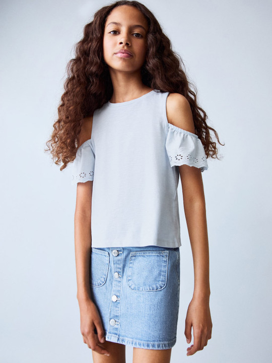 Mango Kids Girls Cold-Shoulder Sleeves Pure Cotton Top