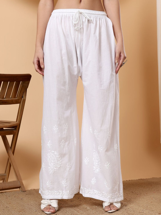 Poshak Chikan Studio Poshak Chikan StudioWomen Chikankari Embroidered Cotton Palazzo
