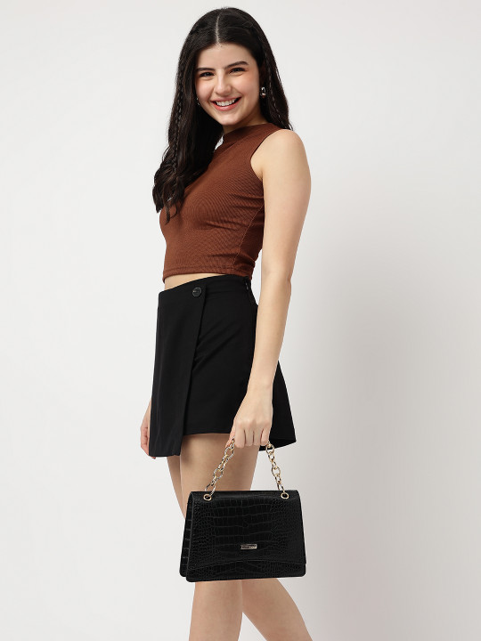 Fastrack Women Croco Textured Sling Bag with Gold Metal Chain Accent