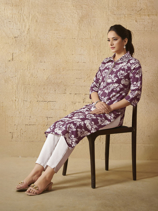 Anouk Floral Printed Shirt Collar Cotton Straight Kurta