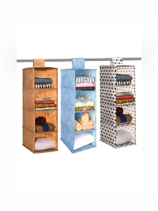 Aura Brown Blue & White 3 Pieces Non Woven Foldable 4 Shelf Wardrobe Hanging Organisers