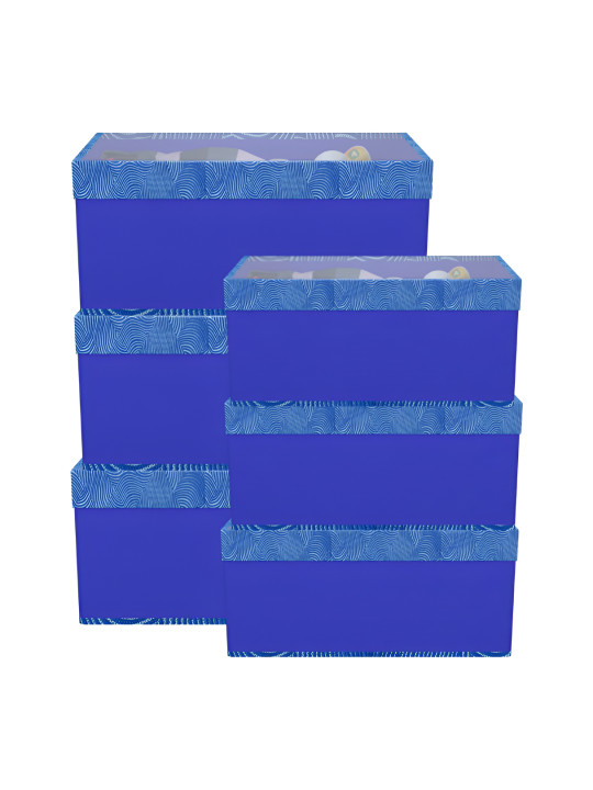 Aura Blue & White 6 Pieces Zig Zag Printed Drawer Organisers With Transparent Lid