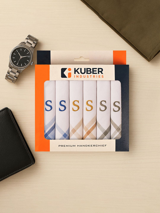 Kuber Industries Pack Of 6 Monogram Letter S Embroidery Border Pure Cotton Handkerchiefs