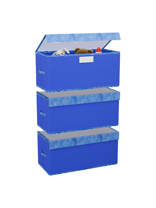 Aura Blue & White 3 Pieces Zig Zag Printed Drawer Organisers With Transparent Lid