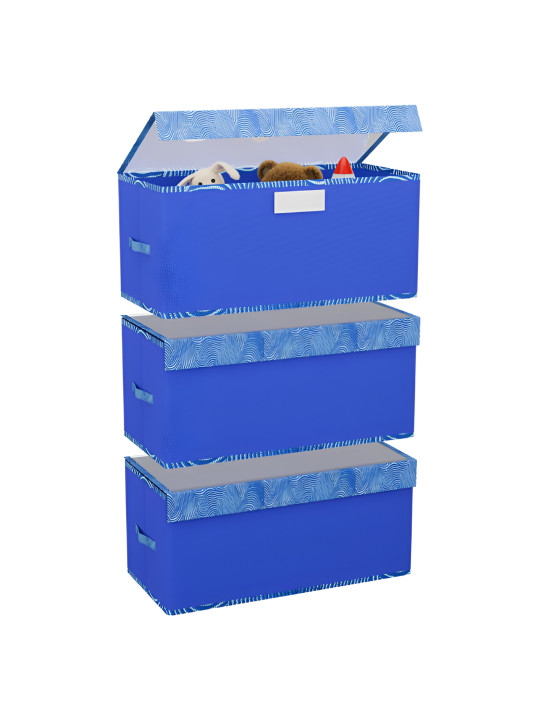 Aura Blue & White 3 Pieces Zig Zag Printed Drawer Organiser With Transparent Lid