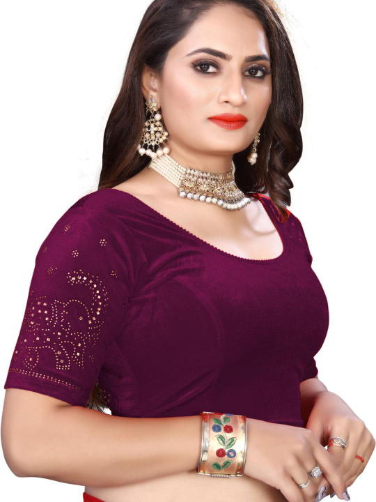 PU FASHION Plus Size Embellished Velvet Ready to Wear Saree Blouse