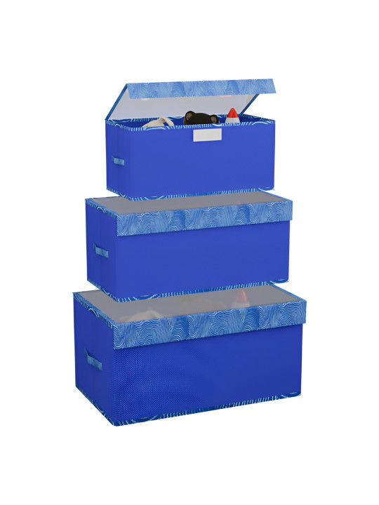 Aura Blue & White 3 Pieces Zig Zag Printed Drawer Organiser With Transparent Lid