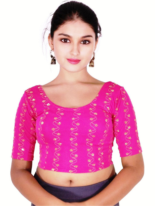 PU FASHION Woven Design Round Neck Saree Blouse