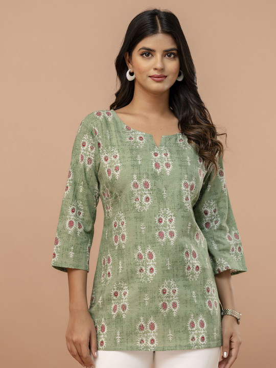 FERANOID Ethnic Motifs Printed V-Neck Pure Cotton Kurti