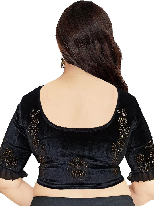 PU FASHION Women Plus Size Embellished Velvet Ready to Wear Saree Blouse