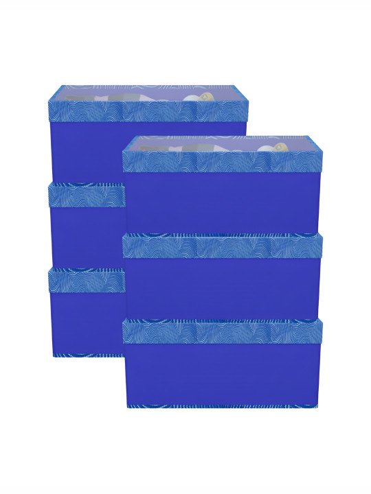 Aura Blue & White 6 Pieces Zig Zag Printed Drawer Organisers With Transparent Lid