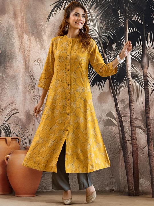Sangria Floral Printed Mandarin Collar Pure Cotton Straight Kurta & Trousers