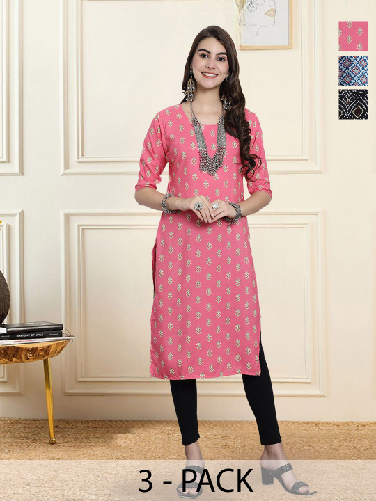 HERE&NOW Women Pack Of 3 Ethnic Motifs Printed Crepe Kurta