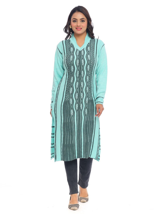 KNITZY Women Geometric V Neck Woolen Straight Kurta