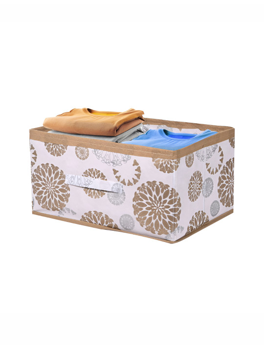 Aura White & Brown Non-Woven Foldable Cloth Storage Box Wardrobe Drawer Organiser