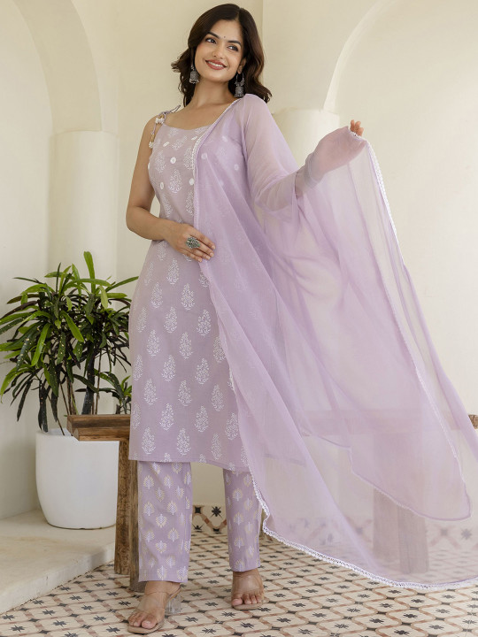 Women Floral Printed Cotton Kurta with Pyjama & Dupatta