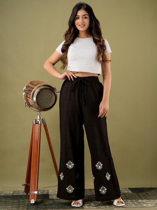 MissKurti Women Floral Embroidered Cotton Flared Palazzos