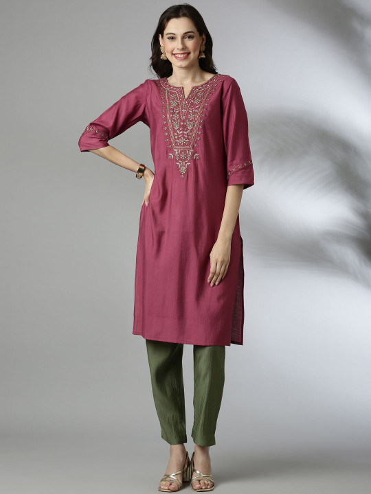 Anouk Floral Embroidered Zari Work Notch Neck Straight Kurta