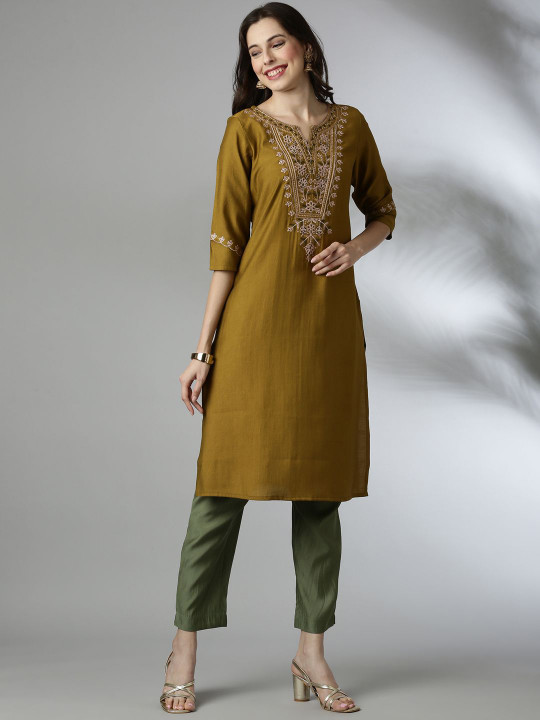 Anouk Women Embroidered Keyhole Neck Flared Sleeves Mirror Work Kurta