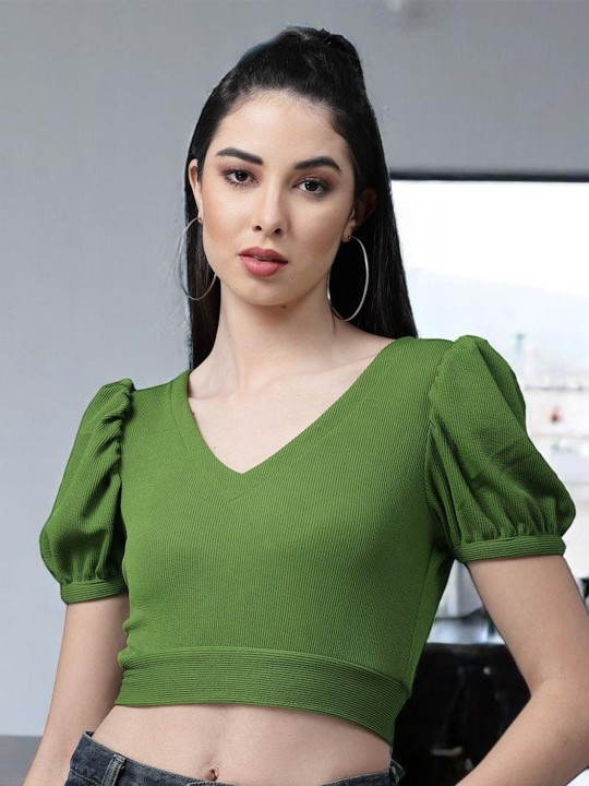 OOMPH FACTOR Women Puff Sleeve Layered Styled Back Crop Top