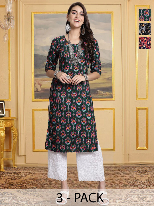 HERE&NOW Selection Of 3 Floral Printed Round Neck Straight Kurtas