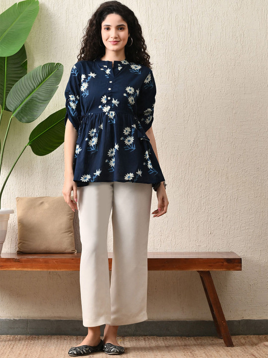 MURLI KURTI Floral Printed Mandarin Collar Cotton Tunic