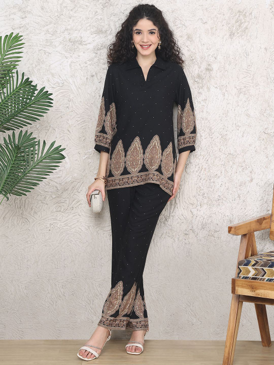 Claura Printed Shirt Collar Tunic With Trousers Co-Ords