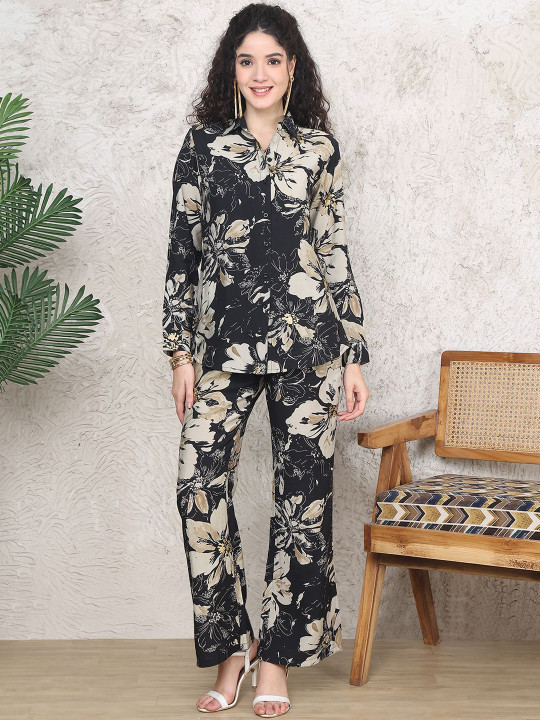 Claura Floral Printed Shirt Collar Neck Tunic With Trousers Co-Ords