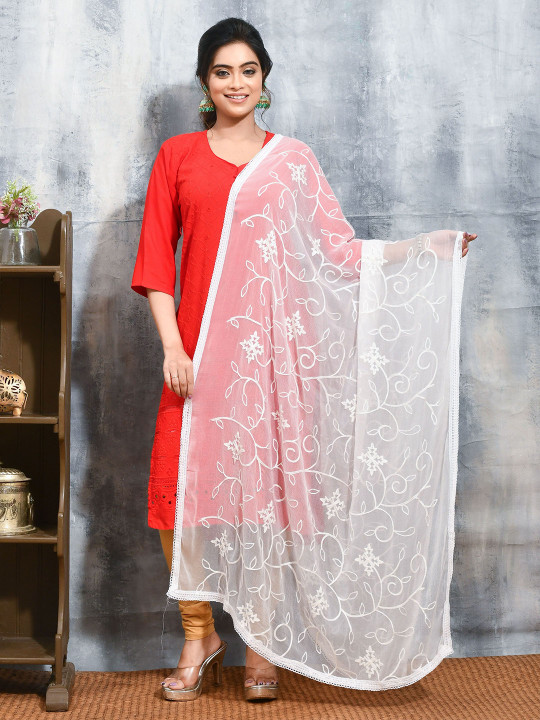 swatika Floral Embroidered Thread Work Chiffon Dupatta