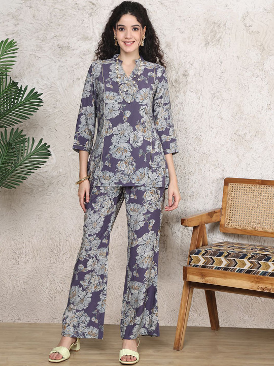 Claura Printed Mandarin Neck Tunic With Trousers Co-Ords