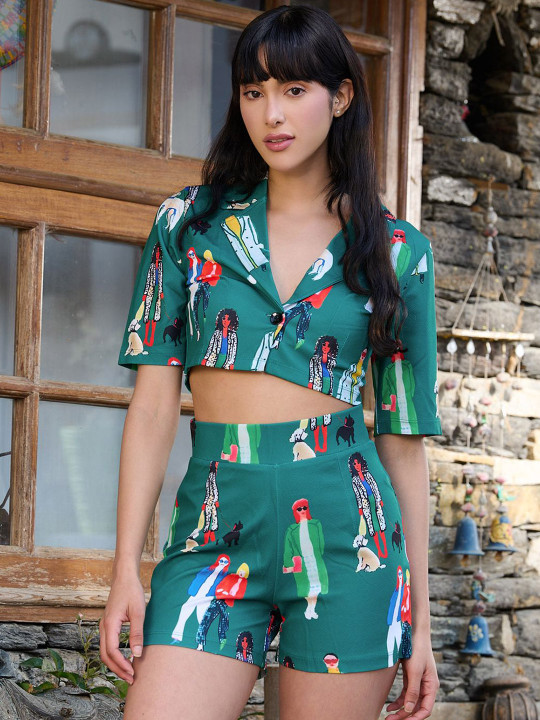 BAESD Printed Notched-Lapel Collar Top & Shorts Co-Ords Set